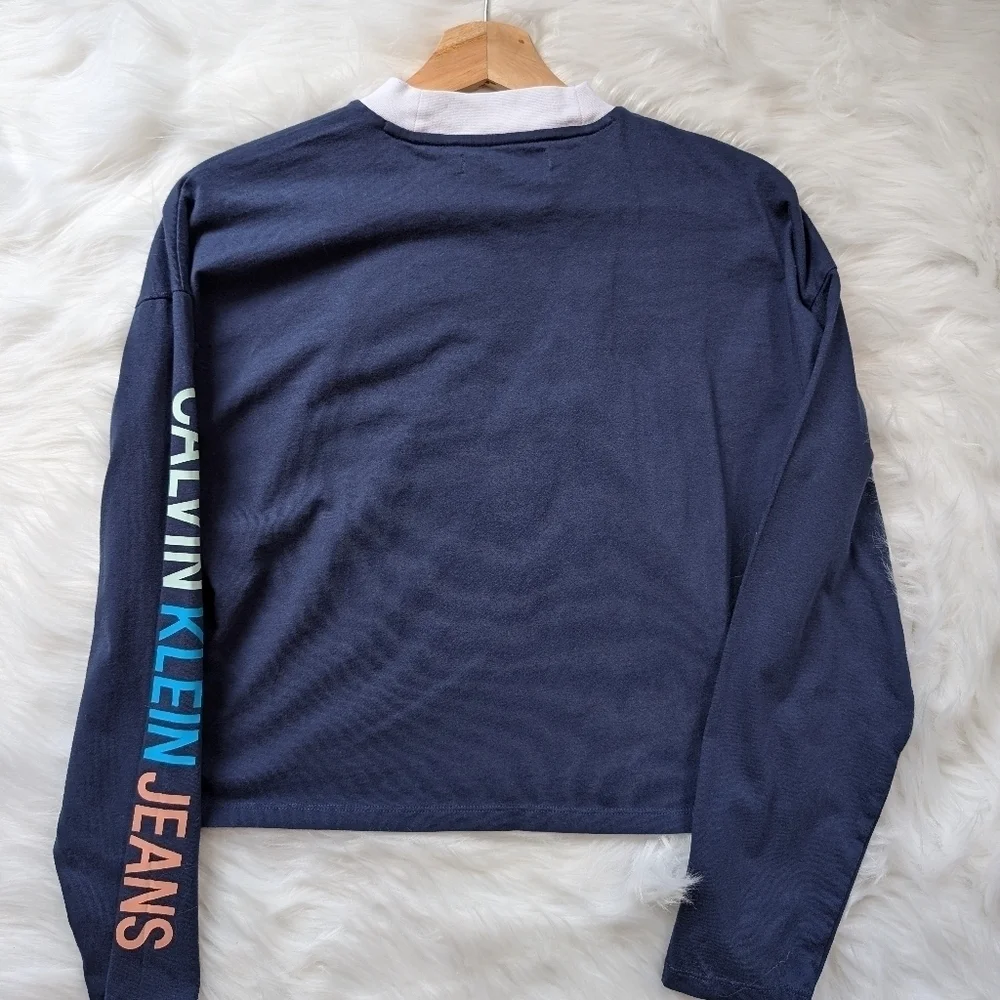 Calvin Klein Jeans Logo Crop Top Blue Women's S Y2K Athleisure Cotton - Picture 4 of 4